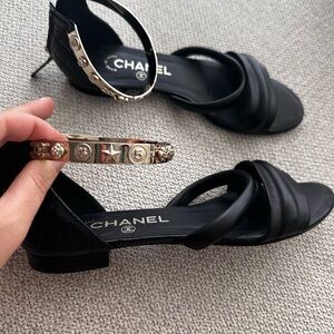 Chanel ankle metal cuff  sandal in black and gold hardware size 37.5